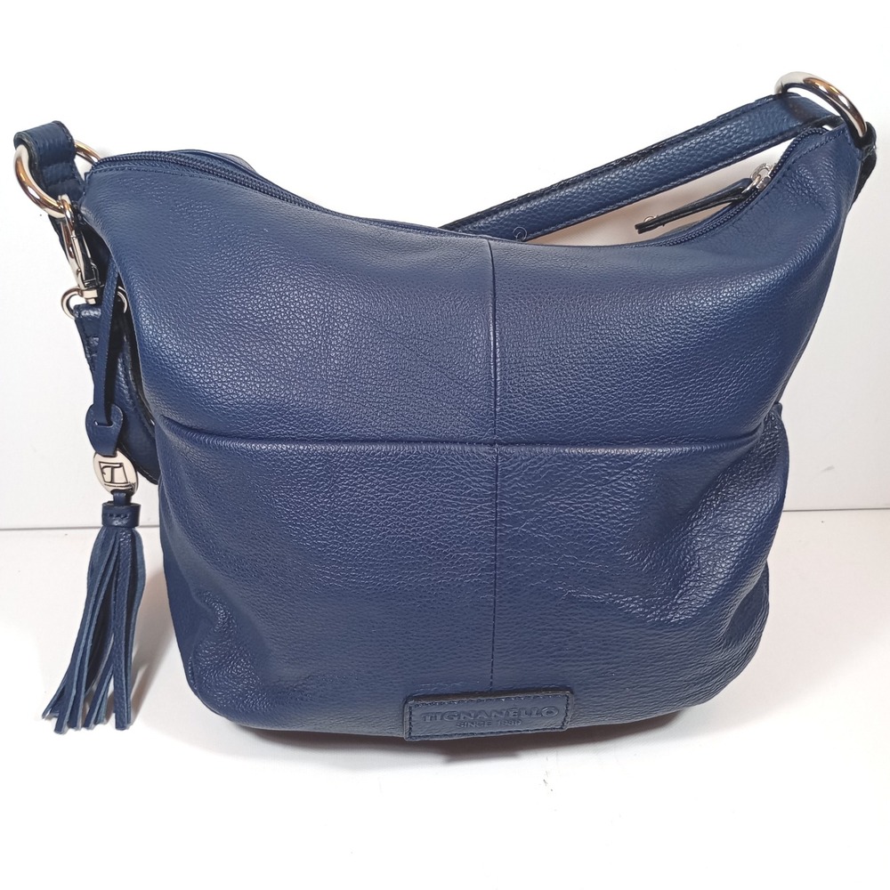 Tignanello Hobo Bag Medium Navy Blue Good Pebbled Leather Tassel Shoulder Purse